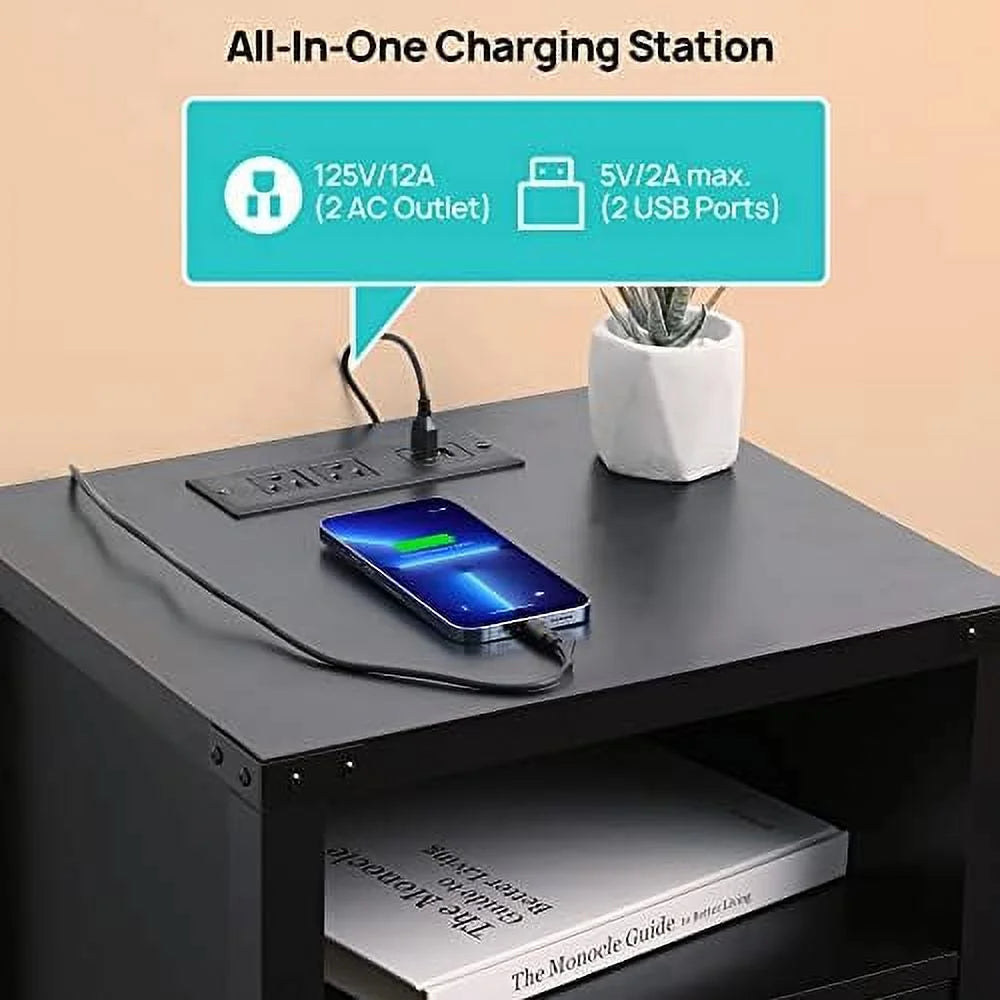 Nightstand with LED Lights and Charging Station Grey J583959