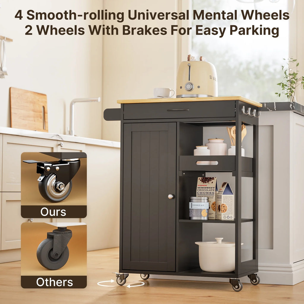Black Kitchen Island Cart with Drawer and 3 Open Storage Shelves D727711
