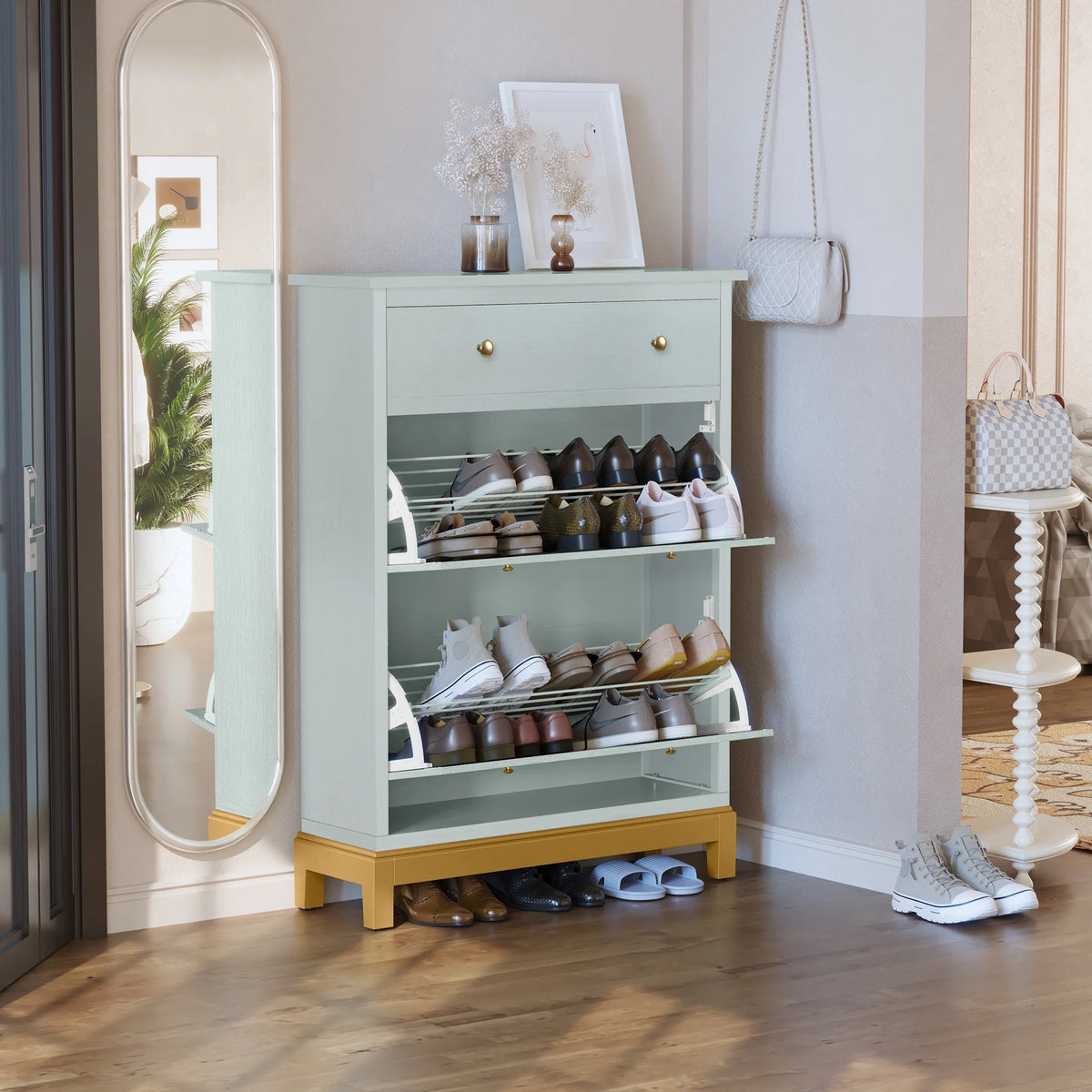 Green Shoe Cabinet with 2 Flip Doors 1 Drawer V68229