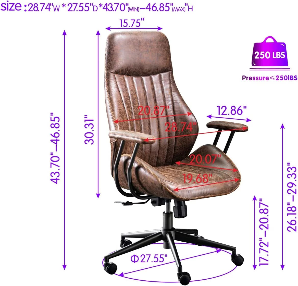 Brown Suede Fabric Ergonomic Office Chair with Lumbar Support V406992