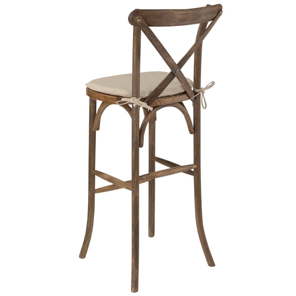 Dark Antique Wood Cross Back Barstool with Cushion W4685