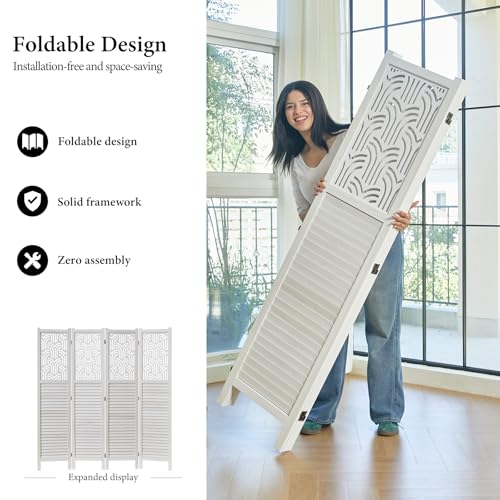 5.6 Ft Wood Carved Folding Room Divider 6 Panel Gray L5206