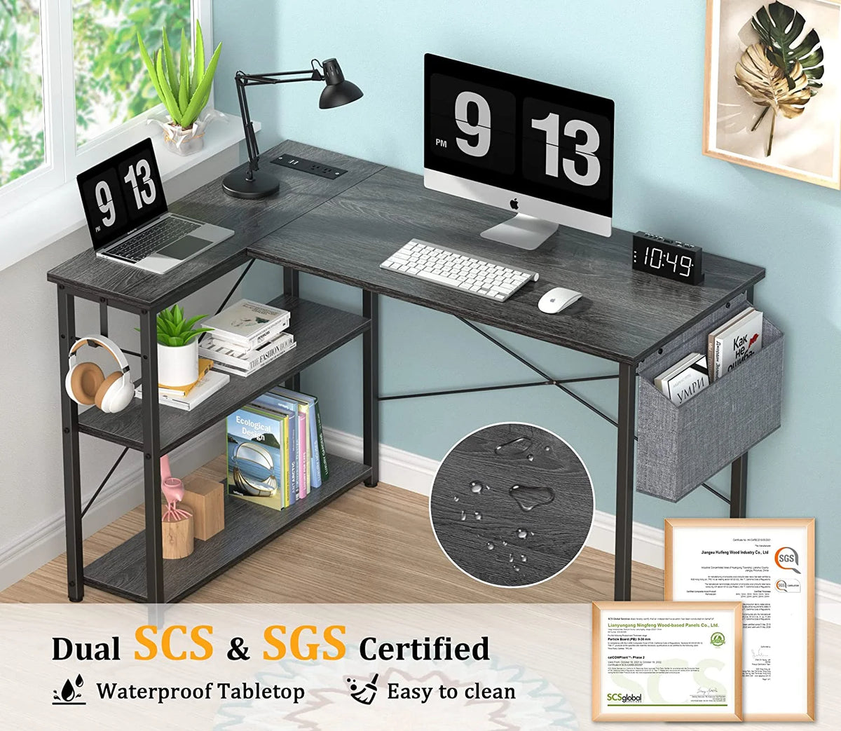 L Shaped Desk with Power Outlets & LED Lights G650