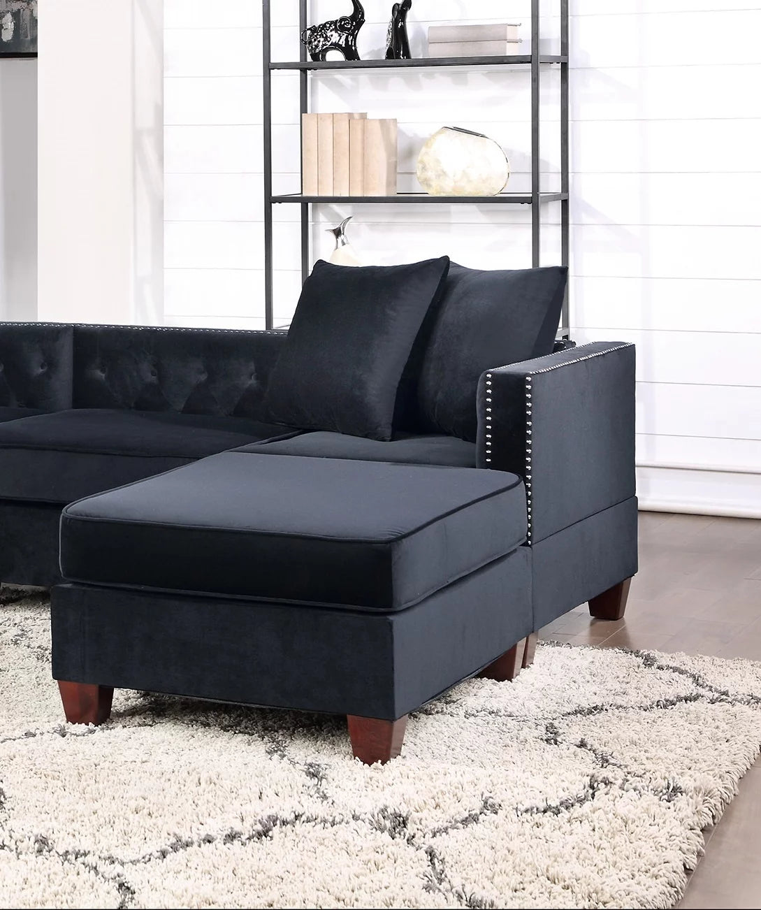 Black Velvet 4pc U-Sectional with Reversible Chaise and Ottoman J44275