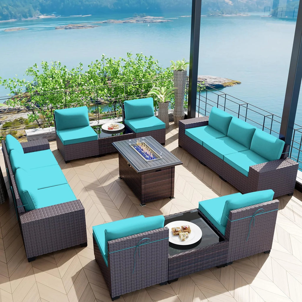 13 Pieces Outdoor Patio Rattan Wicker Furniture Set with Fire Pit Table V46887