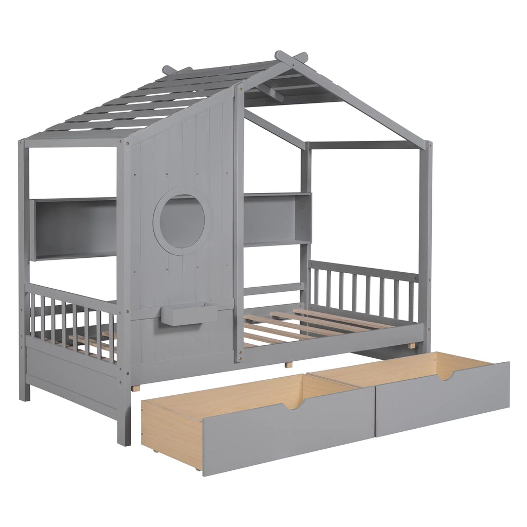 Gray Wood Twin Size Kids House Bed with 2 Drawers and Storage Shelves X96744