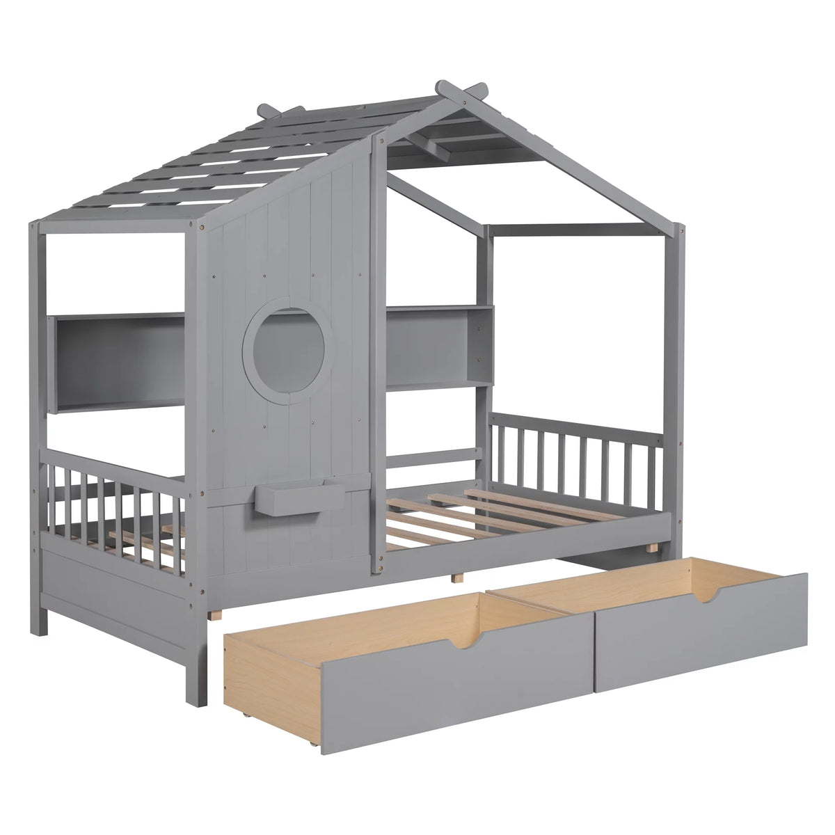 Gray Wood Twin Size Kids House Bed with 2 Drawers and Storage Shelves X96744