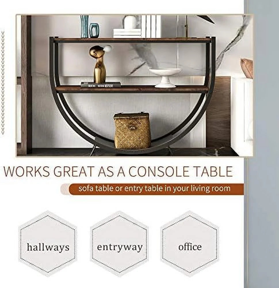 48" Demilune Shape Narrow Rustic Industrial Textured Metal Distressed Wood Console Table G63685