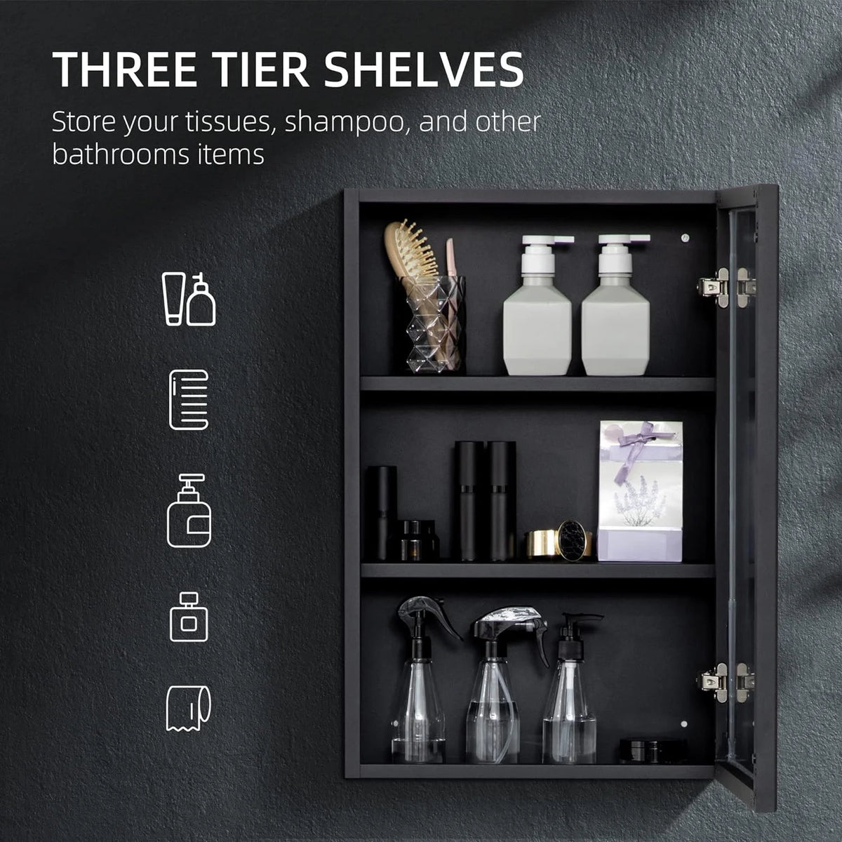 Black Stainless Steel Wall-Mounted Medicine Cabinet with Mirror T477777