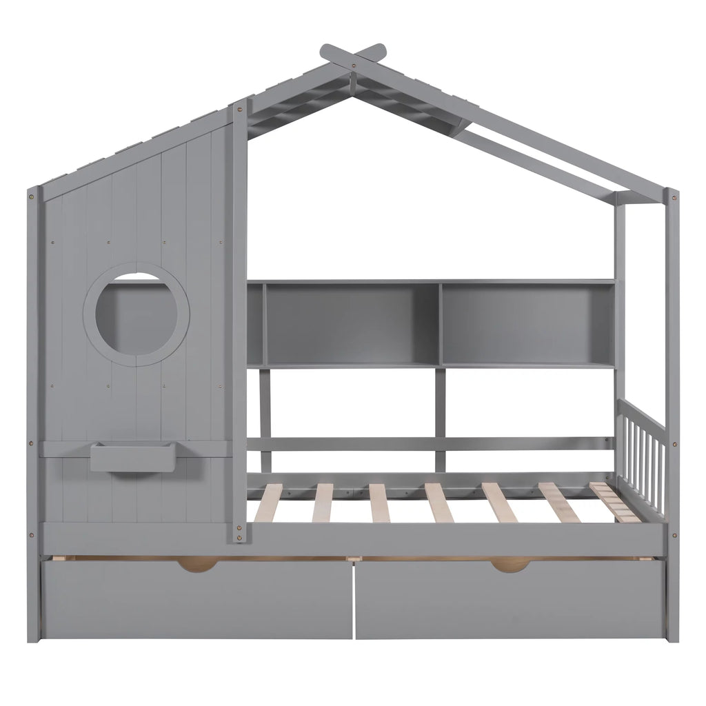 Gray Wood Twin Size Kids House Bed with 2 Drawers and Storage Shelves X96744