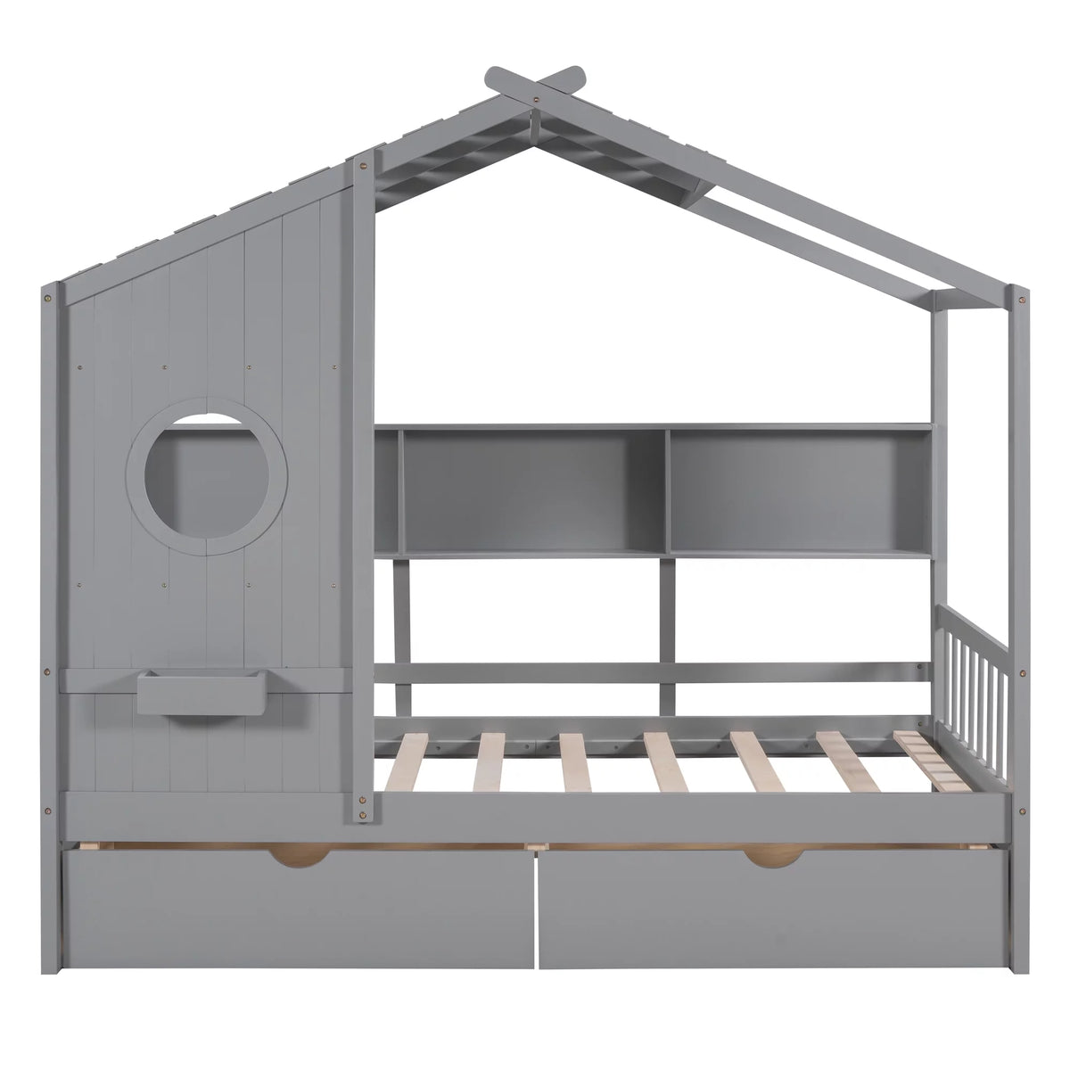 Gray Wood Twin Size Kids House Bed with 2 Drawers and Storage Shelves X96744