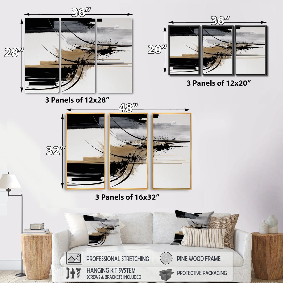 Black White Gold Geometric Canvas Art Print 3 Panels E20636
