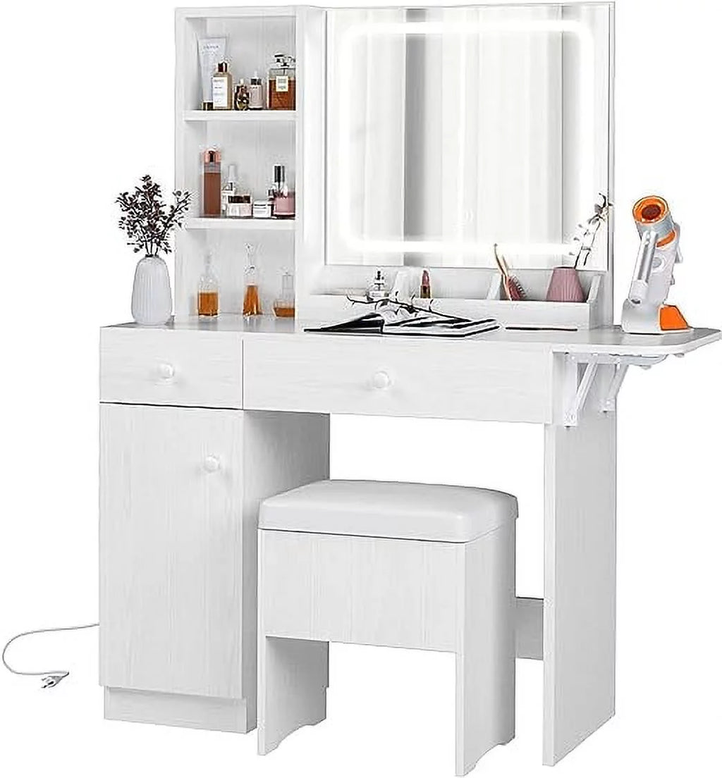 White Vanity Desk with Lighted Mirror and Stool T384072