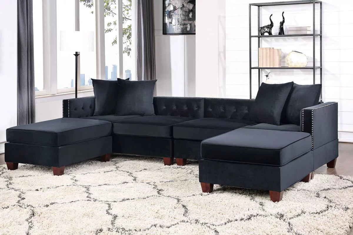 Black Velvet 4pc U-Sectional with Reversible Chaise and Ottoman J44275