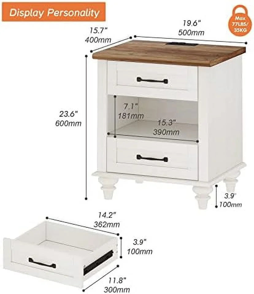 Antique White Nightstand with Charging Station and 2 Drawers G7078