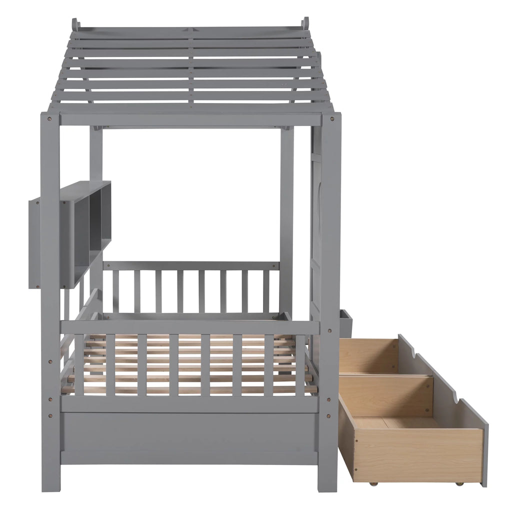 Gray Wood Twin Size Kids House Bed with 2 Drawers and Storage Shelves X96744