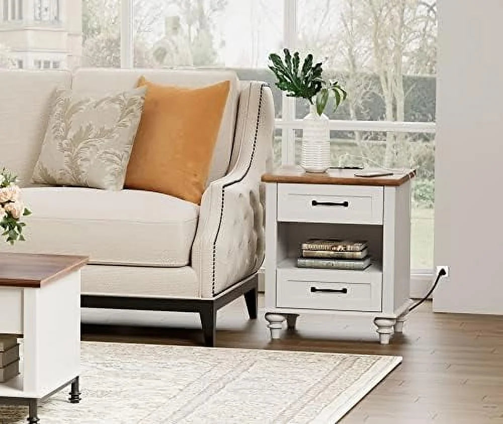 Antique White Nightstand with Charging Station and 2 Drawers G7078