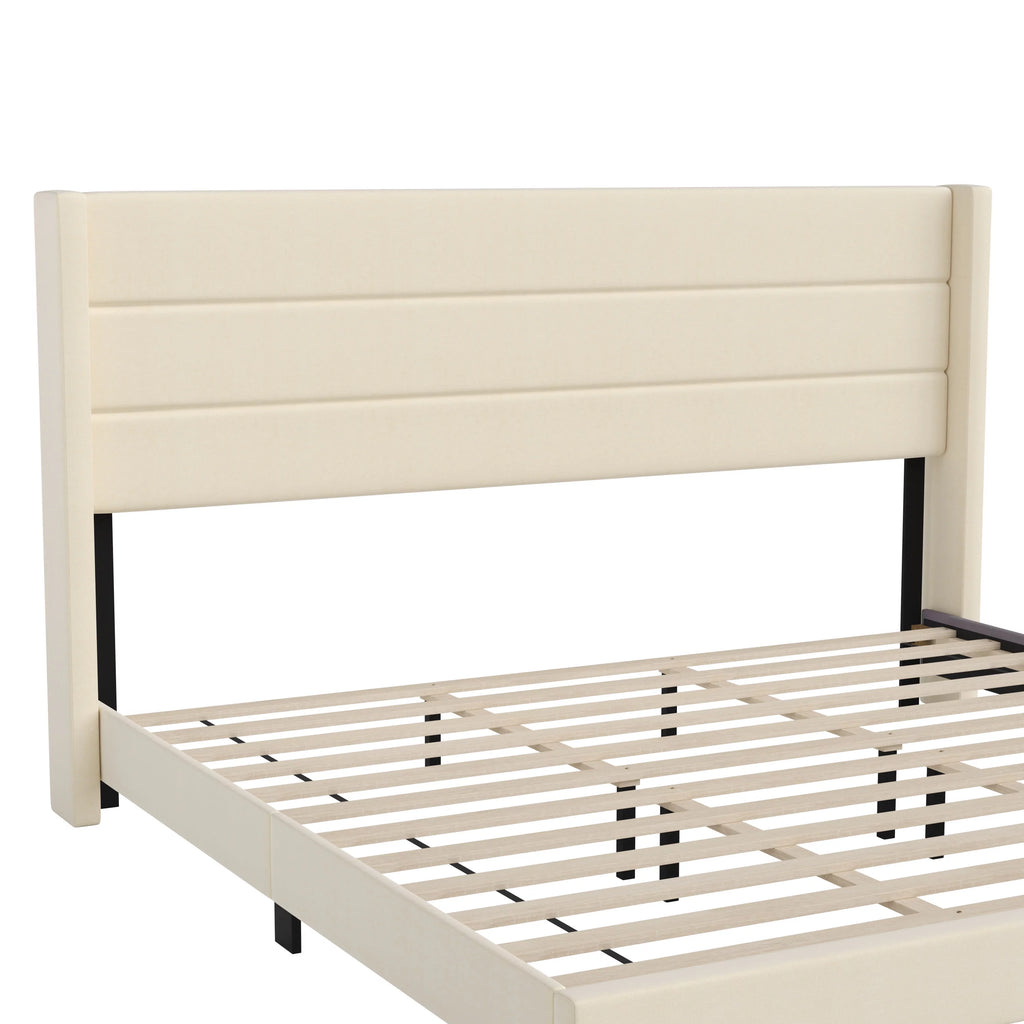 Beige Faux Linen King Upholstered Platform Bed with Wingback Headboard M6506