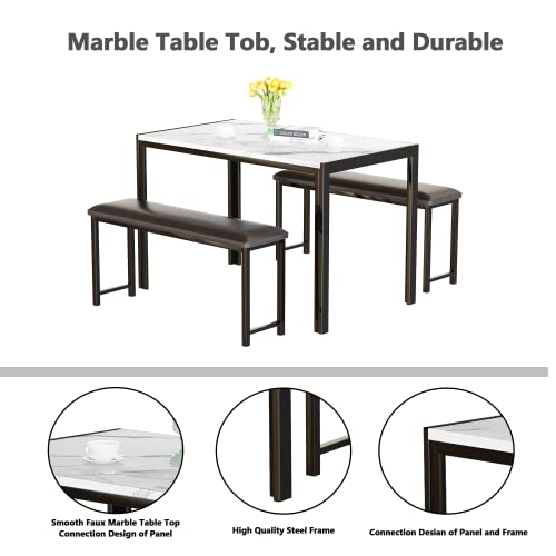 3 Pieces Faux Marble Top Table and 2 PU Leather Upholstered Benches W827