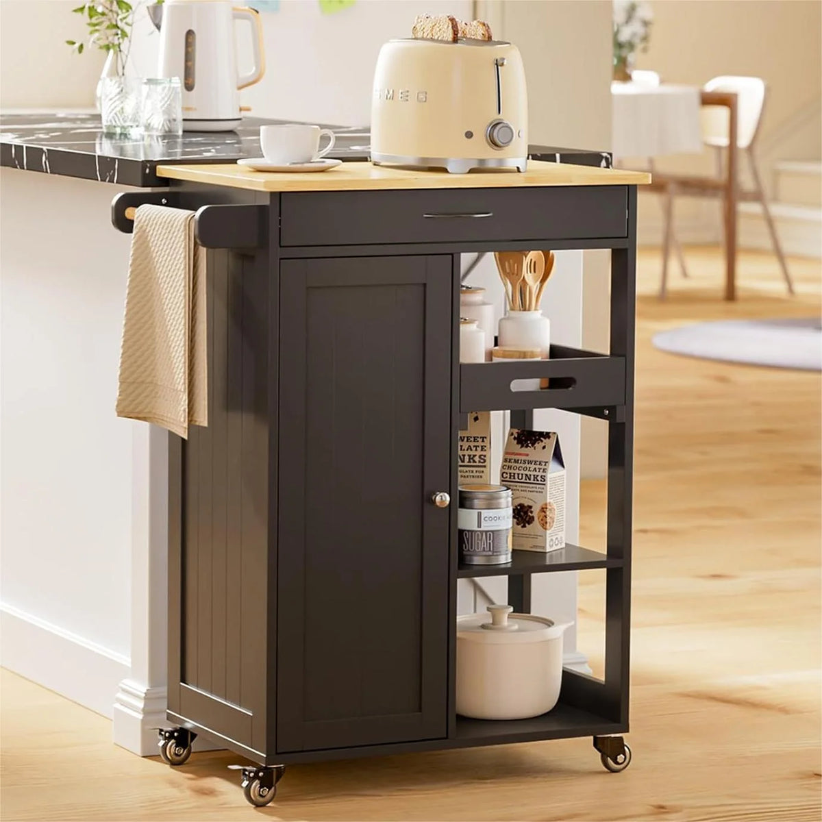 Black Kitchen Island Cart with Drawer and 3 Open Storage Shelves D727711