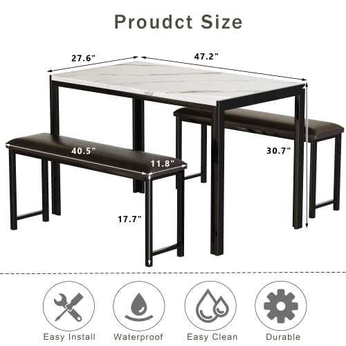 3 Pieces Faux Marble Top Table and 2 PU Leather Upholstered Benches W827