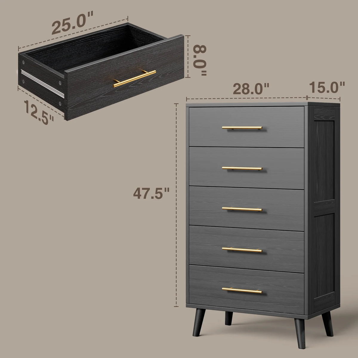 White 5 Drawer Dresser with Metal Handles X28952