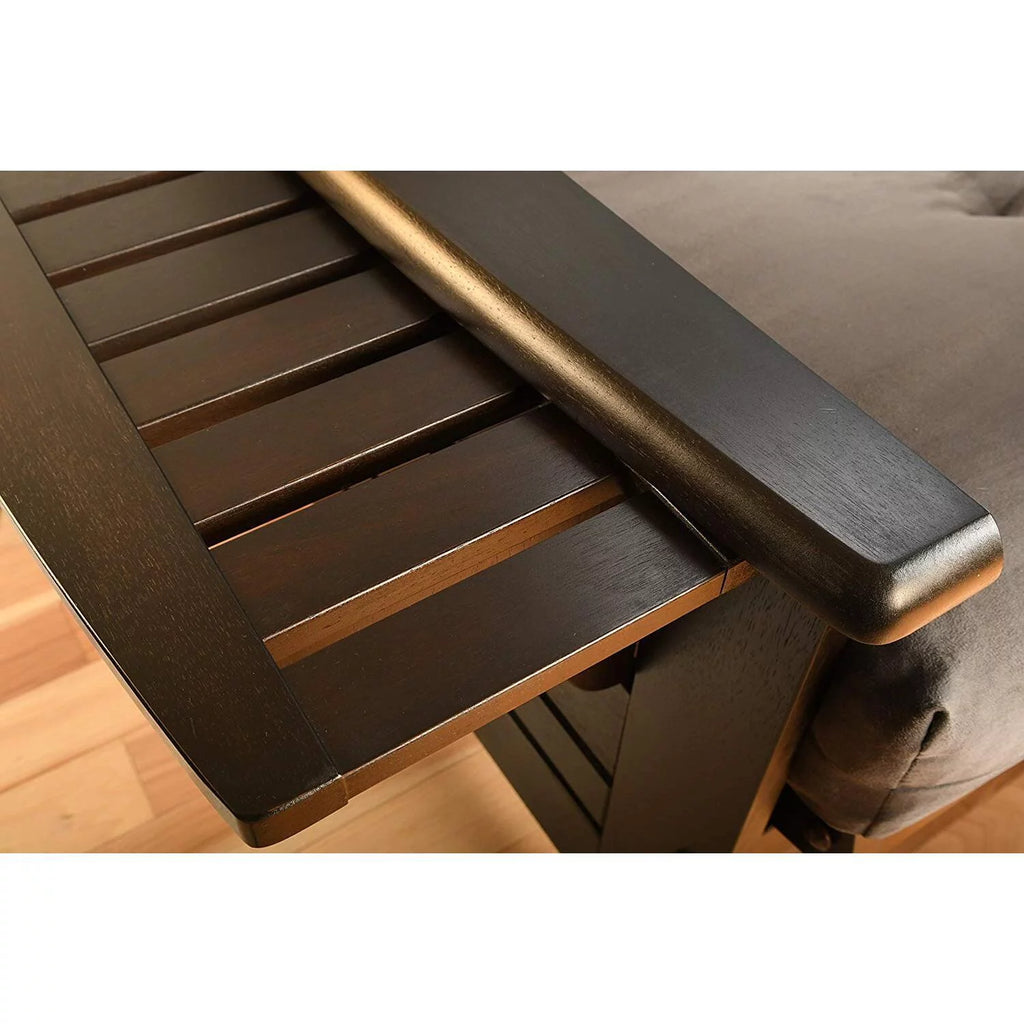 Espresso Storage Futon and Brown Faux Leather Mattress Q568