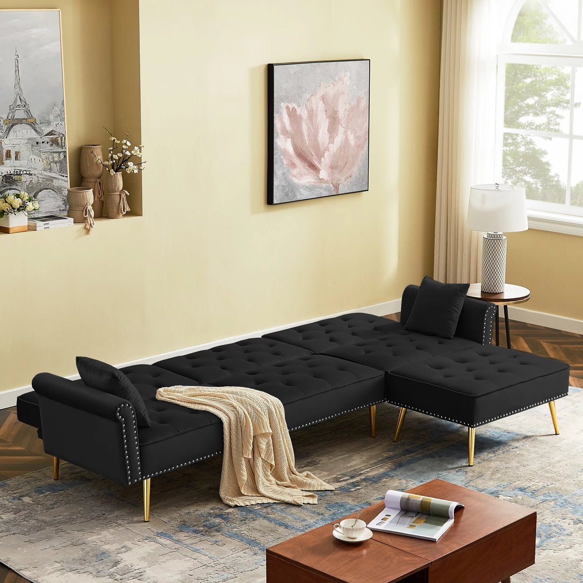 Velvet L Shaped Reversible Sectional Couch with Ottoman B375491