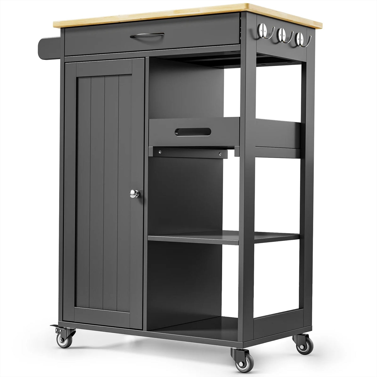 Black Kitchen Island Cart with Drawer and 3 Open Storage Shelves D727711
