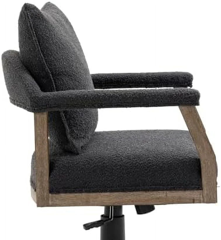 Black Boucle Desk Chair with Wheels and Wood Legs F6286