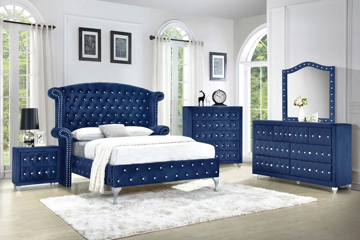 5Pc King Size Bed Dresser Mirror Nightstand Set Blue Velvet B73969