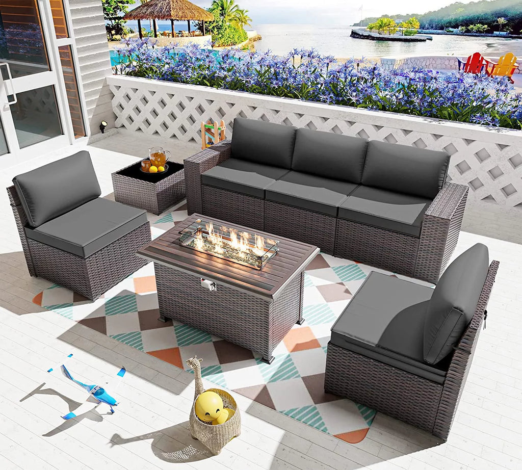 13 Pieces Outdoor Patio Rattan Wicker Furniture Set with Fire Pit Table V46887
