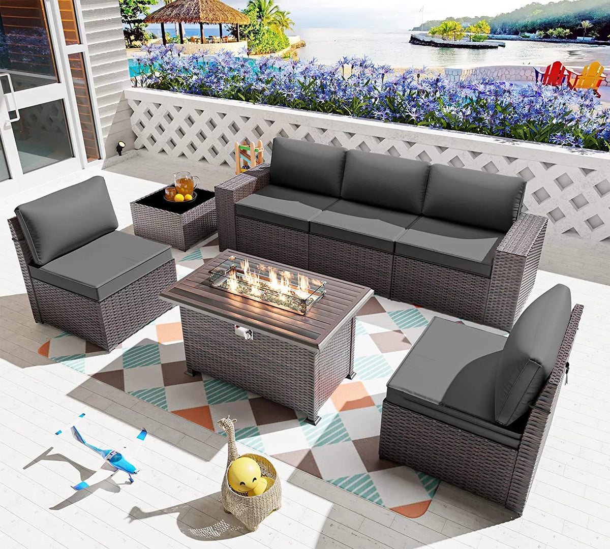 13 Pieces Outdoor Patio Rattan Wicker Furniture Set with Fire Pit Table V46887