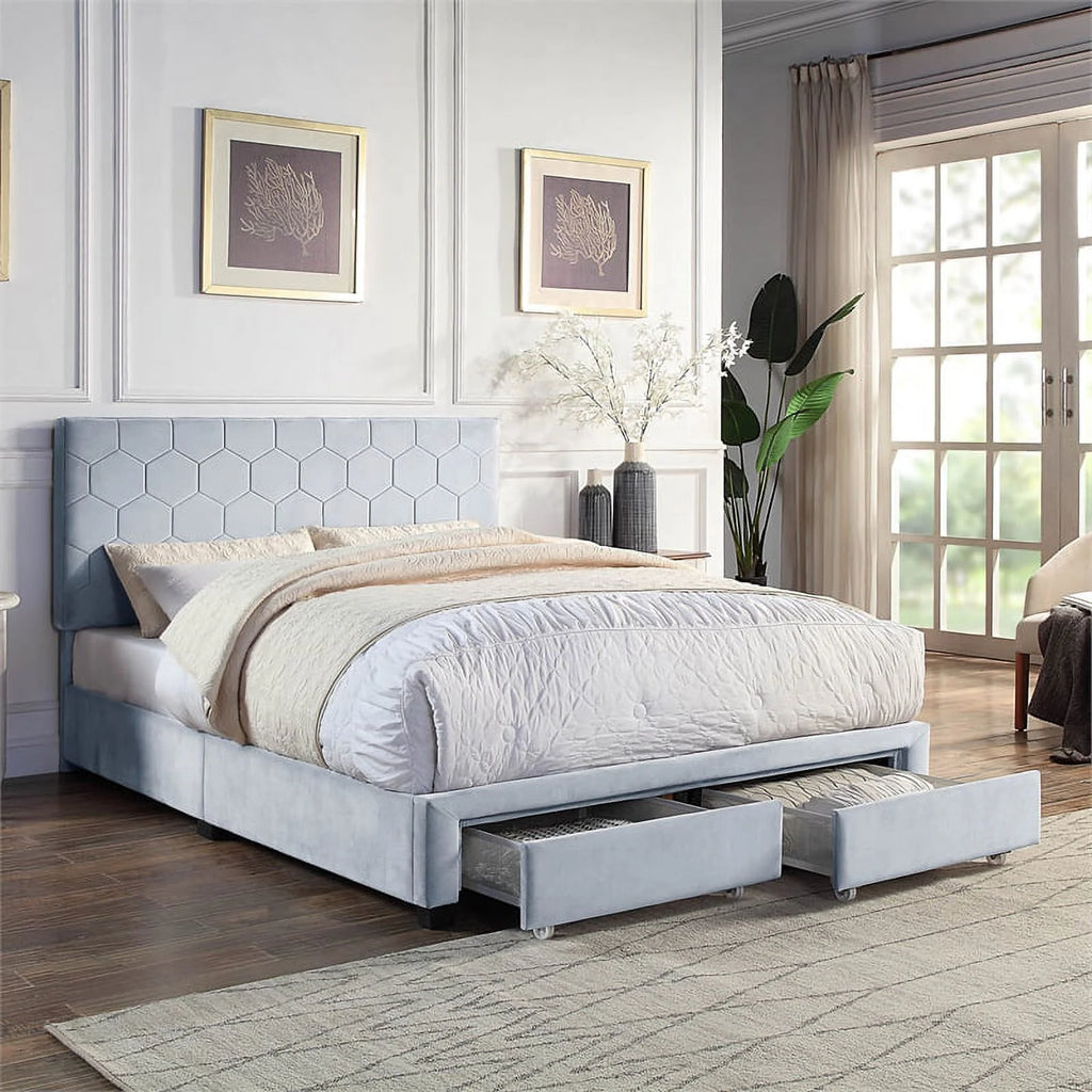 Light Gray Fabric Queen Bed with 2-Drawer M529413
