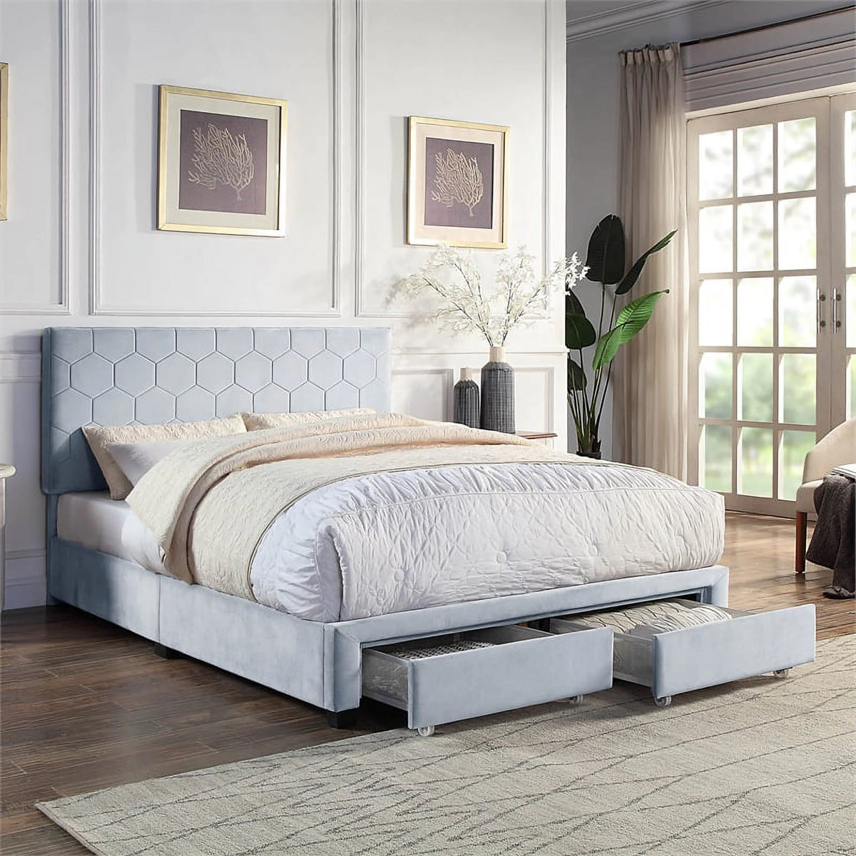 Light Gray Fabric Queen Bed with 2-Drawer M529413