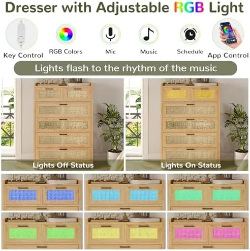 Rattan 6 Drawer Wood Dresser with LED Lights I2003