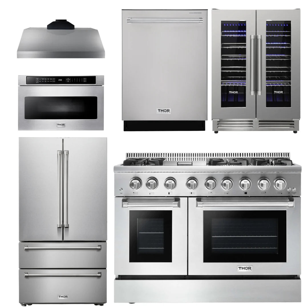 48 In. Dual Fuel Range, Range Hood, Refrigerator, Dishwasher, Microwave Drawer, Wine Cooler Y65302