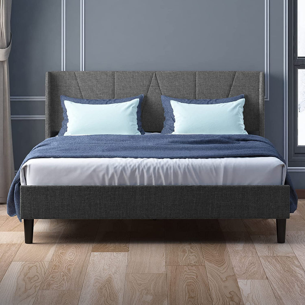Full Upholstered Wingback Platform Bed Frame with Headboard Dark Grey C8920