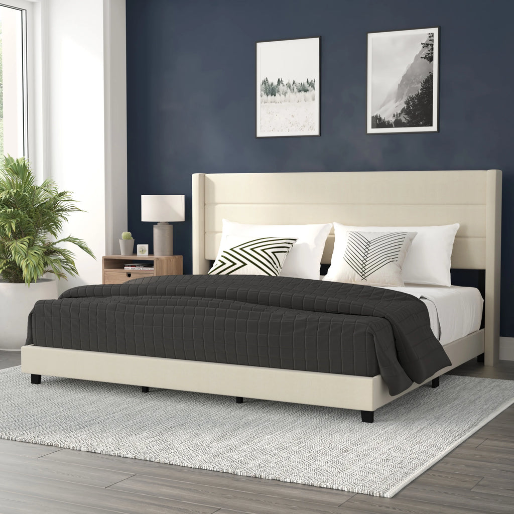 Beige Faux Linen King Upholstered Platform Bed with Wingback Headboard M6506