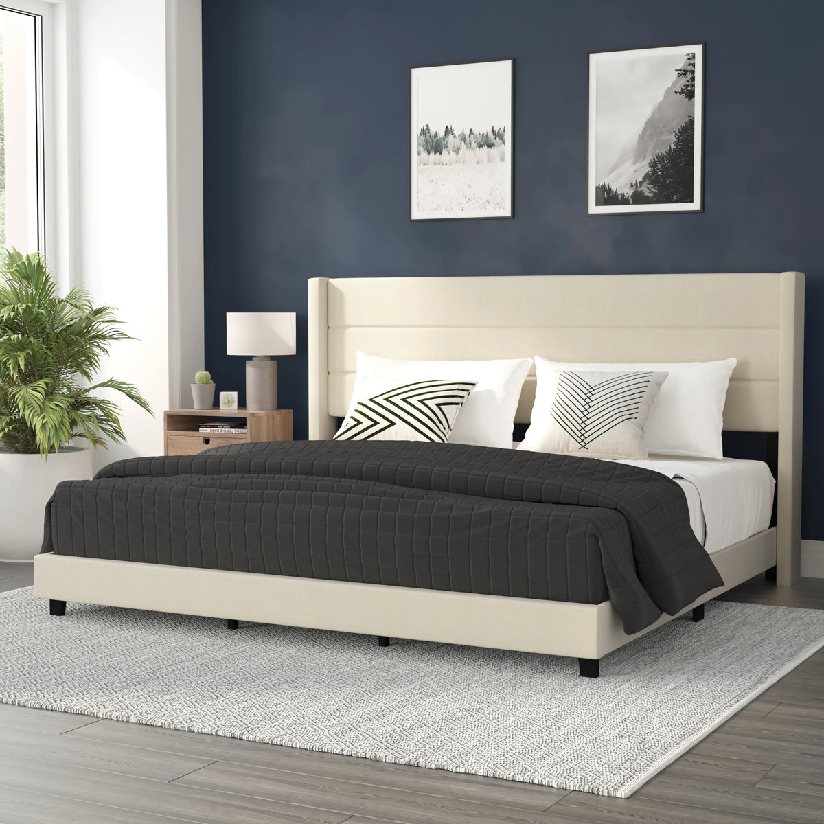 Beige Faux Linen King Upholstered Platform Bed with Wingback Headboard M6506