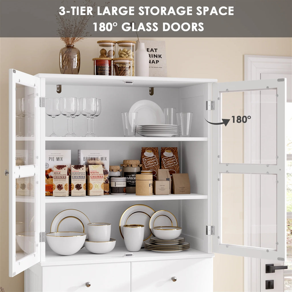 71" White Wood Bookcase with Glass Doors and 3 Drawers X4300