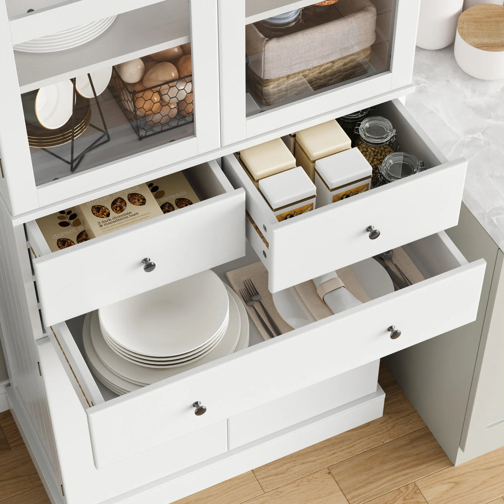 71" White Wood Bookcase with Glass Doors and 3 Drawers X4300