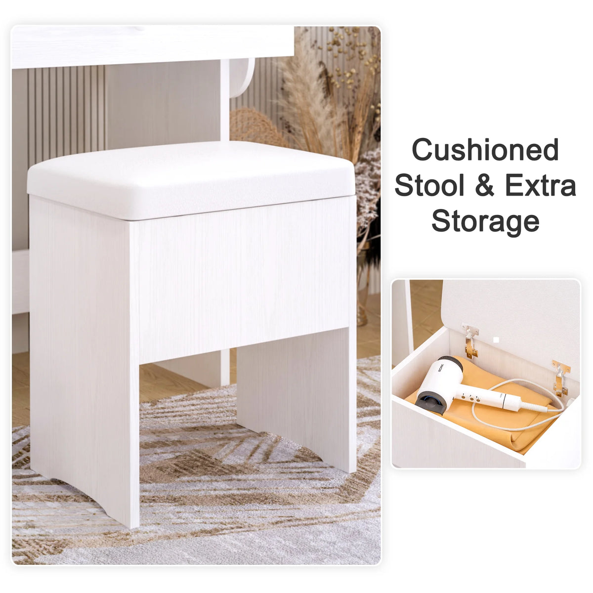 White Vanity Desk with Lighted Mirror and Stool T384072
