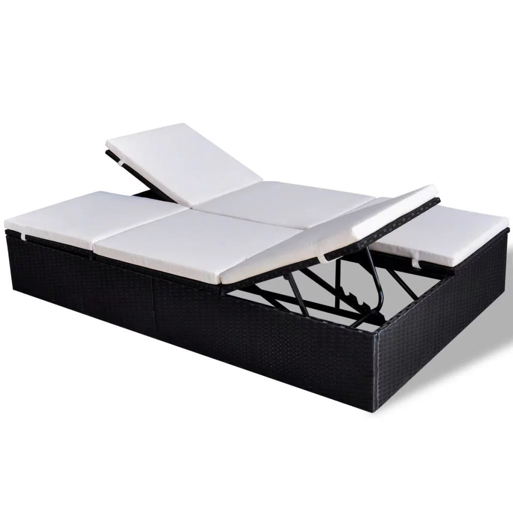 Double Chaise Lounge Chair 2-Person Poly Rattan Sun Lounger with Adjustable Cushion S682671