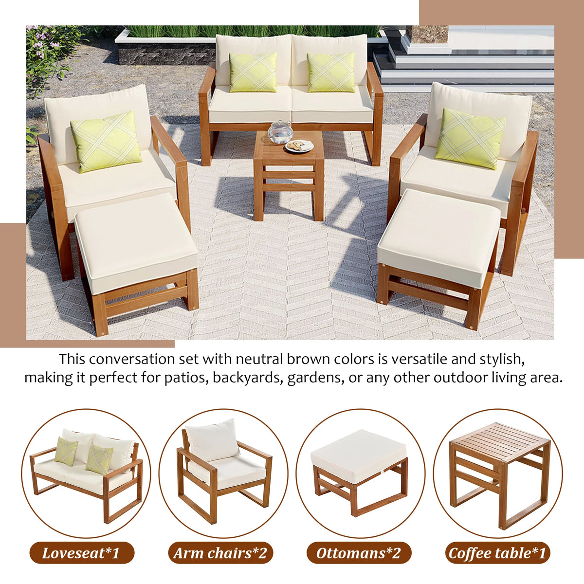 6-Piece Outdoor Patio Conversation Set with Ottomans and Cushions U70364